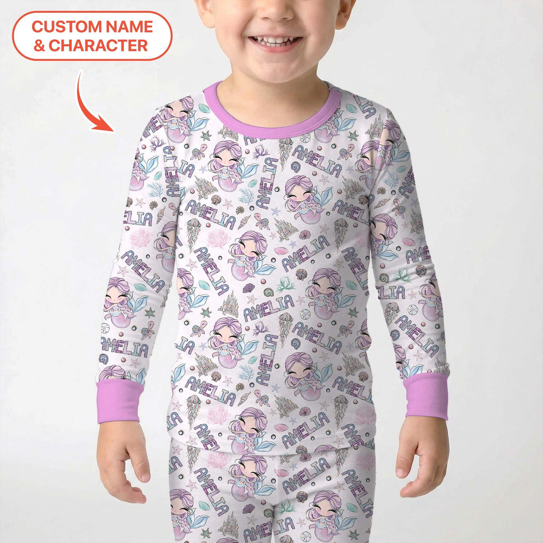 Custom Name Doodle Little Mermaid Bamboo Two Piece Long Sleeve Pajama Set