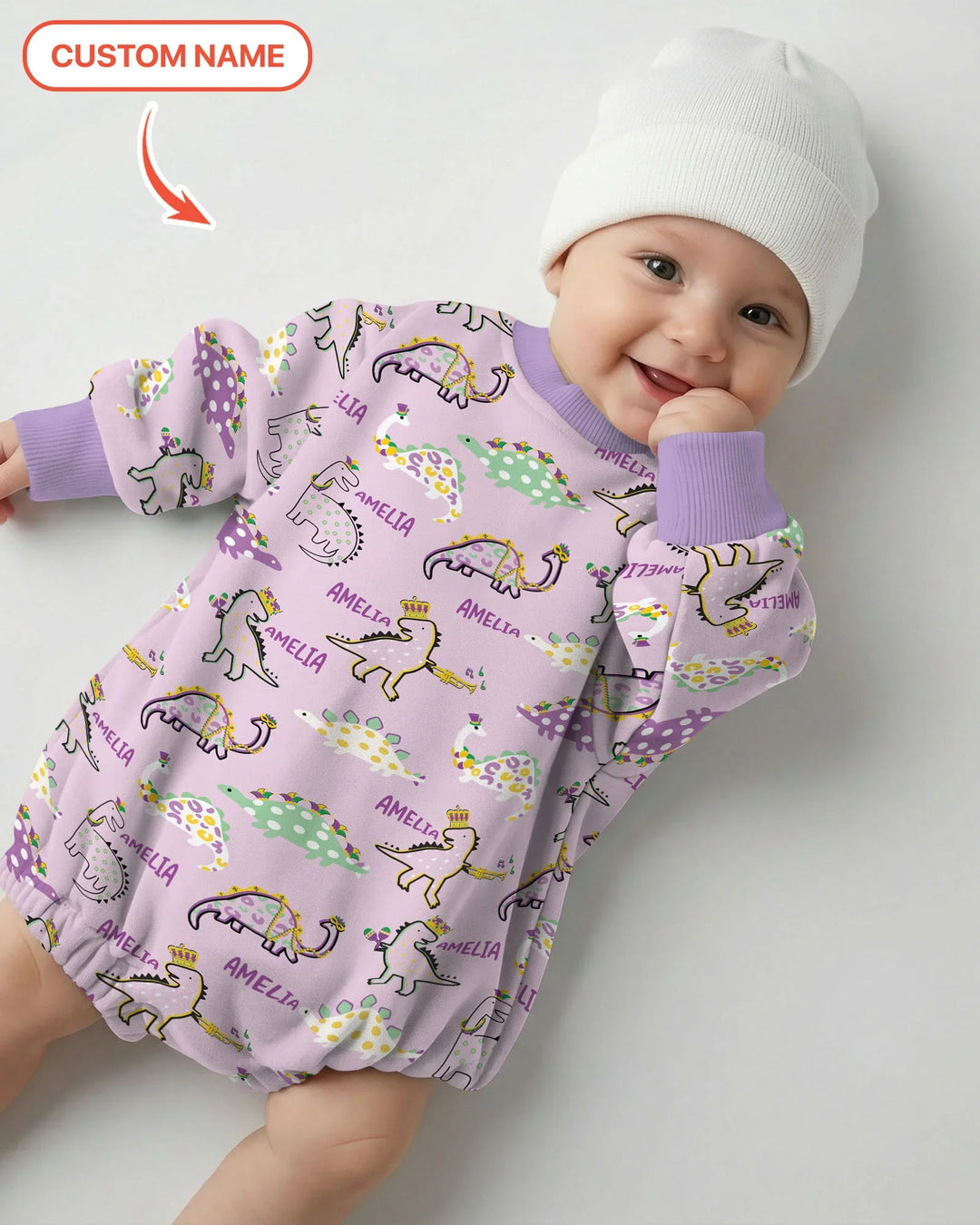 Custom Name Mardi Gras Saurus Bamboo Bubble Romper