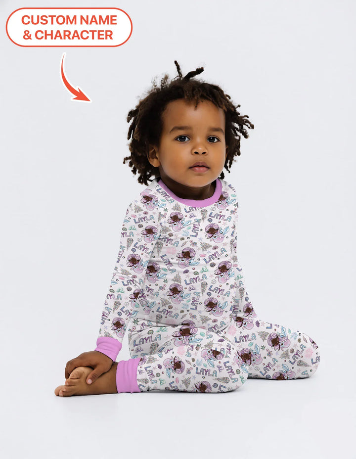 Custom Name Doodle Little Mermaid Bamboo Two Piece Long Sleeve Pajama Set