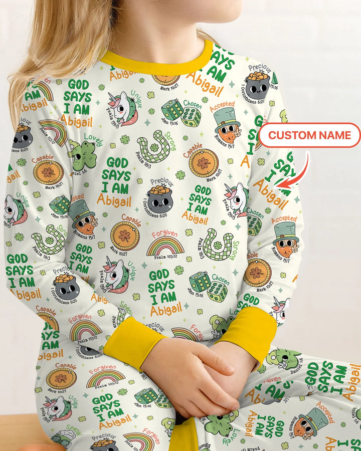 Personalized God Says I Am St. Patrick's Day Family Matching Bamboo Two Piece Long Sleeve Pajama Set