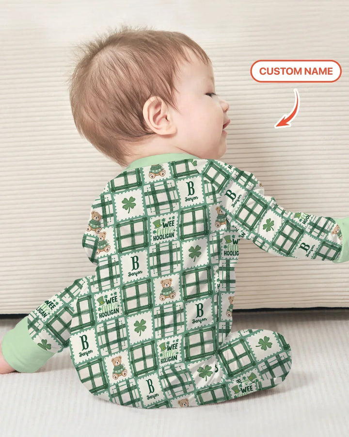 Custom Name Teddy Bear Gingham St. Patrick's Day Bamboo Convertible Zippy