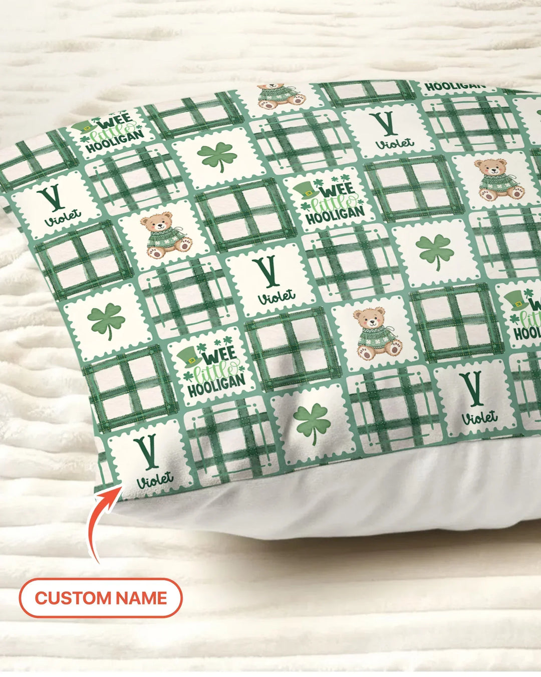 Custom Name Teddy Bear Gingham St. Patrick's Day Bamboo Pillow Case