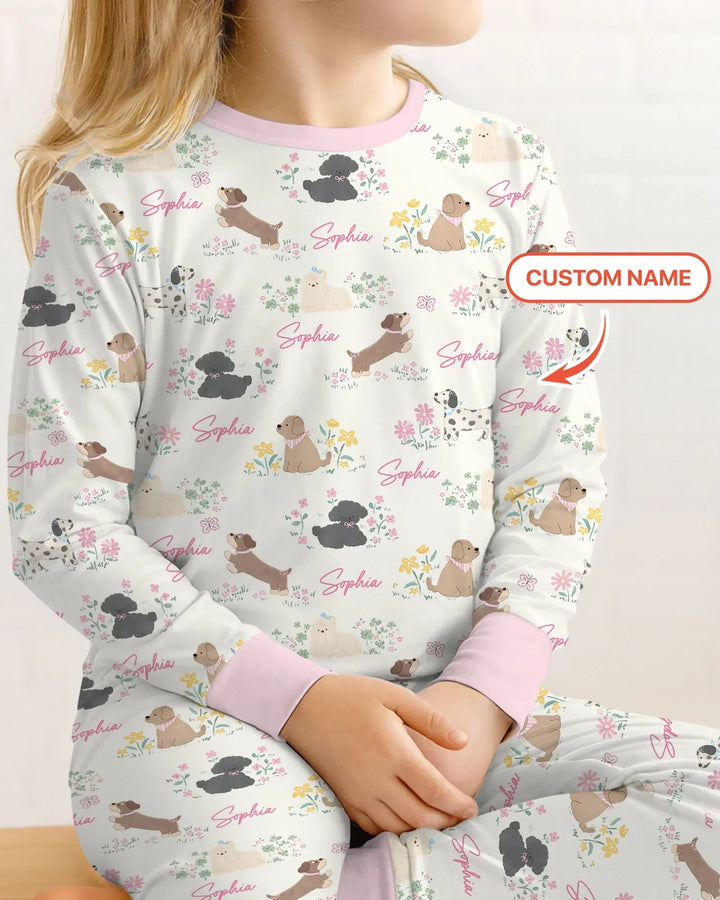 Custom Name Flower Dogs Bamboo Two Piece Long Sleeve Pajama Set
