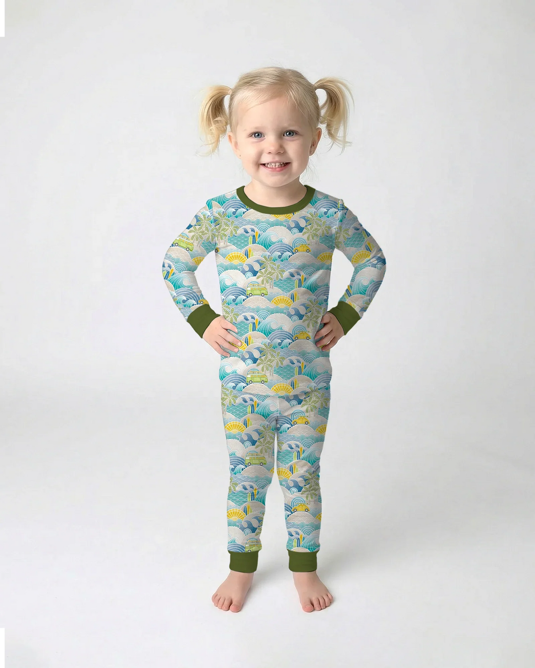 Coastal Road Trip Waves Surf Bamboo Two Piece Long Sleeve Pajama Set