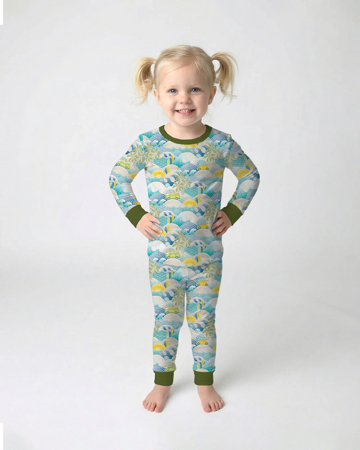 Coastal Road Trip Waves Surf Bamboo Two Piece Long Sleeve Pajama Set