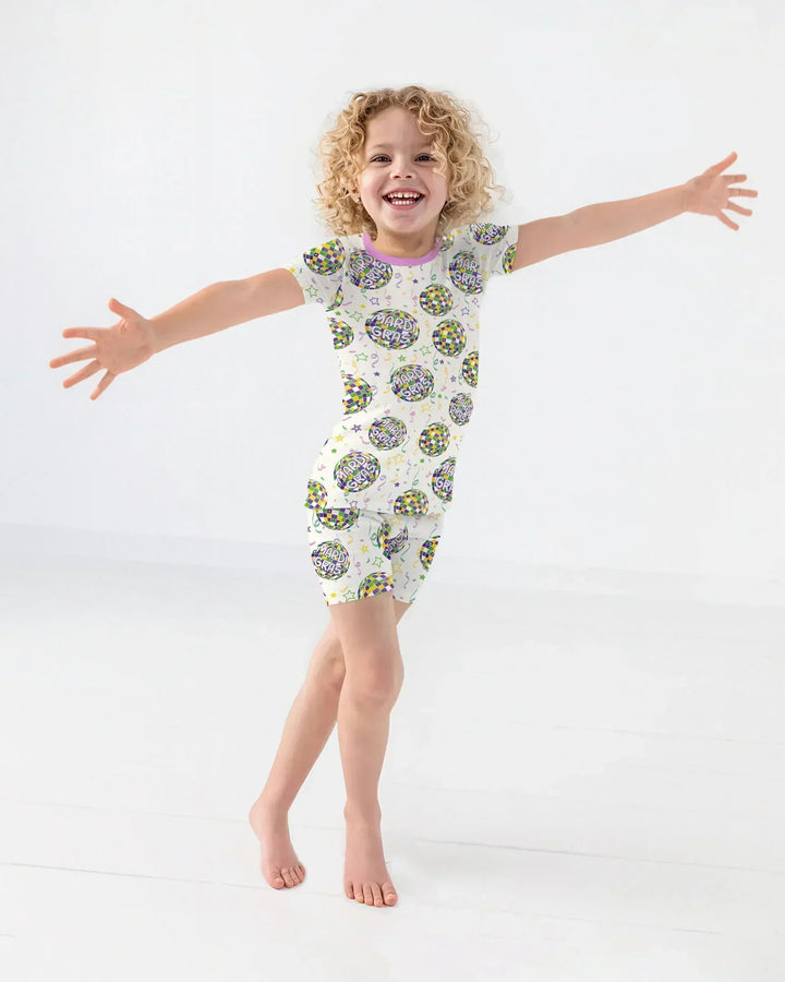 Mardi Gras Disco Ball Bamboo Two Piece Short Sleeve Shorts Pajama Set