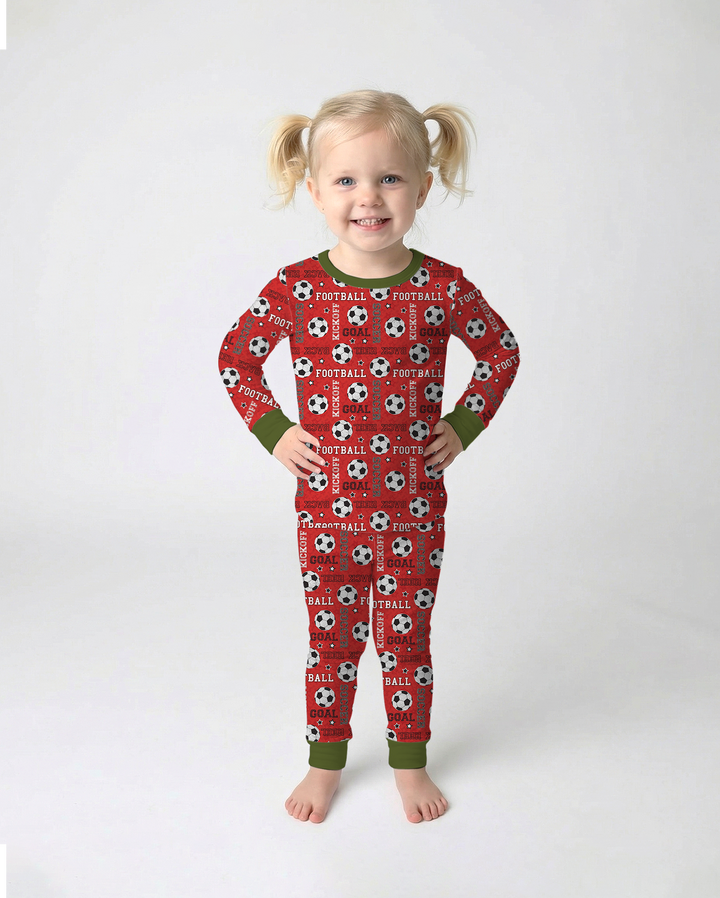 Red Soccer Ball Bamboo Two Piece Long Sleeve Pajama Set