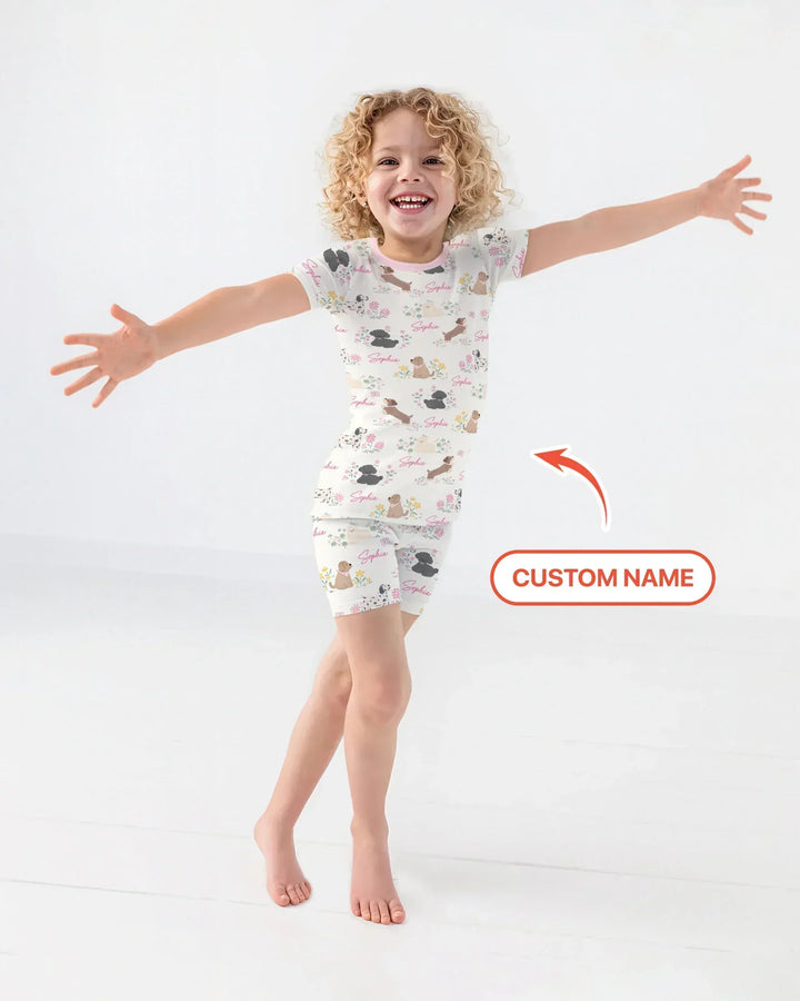 Custom Name Flower Dogs Bamboo Two Piece Short Sleeve Shorts Pajama Set