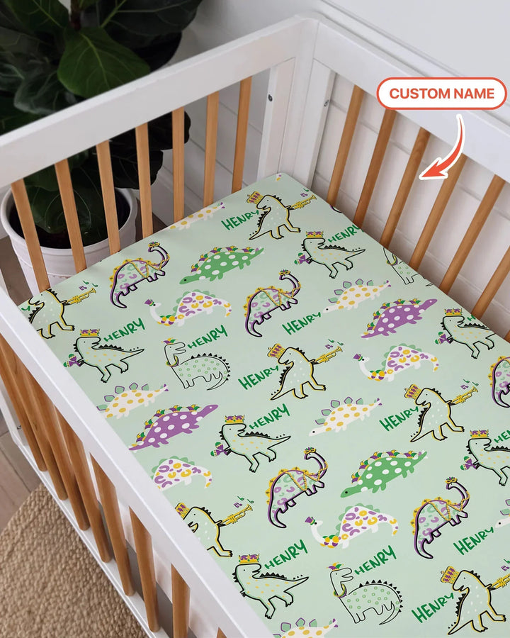 Custom Name Mardi Gras Saurus Bamboo Fitted Crib Sheet
