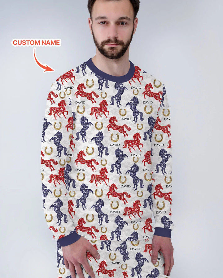 Custom Name Chinoiserie Horses Bamboo Men's Pajama Set