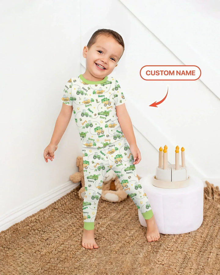 Construction St. Patrick's Day Custom Name Bamboo Two Piece Short Sleeve Pajama Set