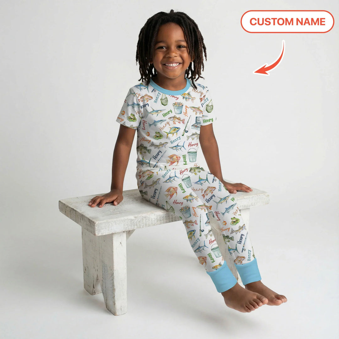 Happy Fishing Adventure Custom Name Bamboo Two Piece Short Sleeve Pajama Set