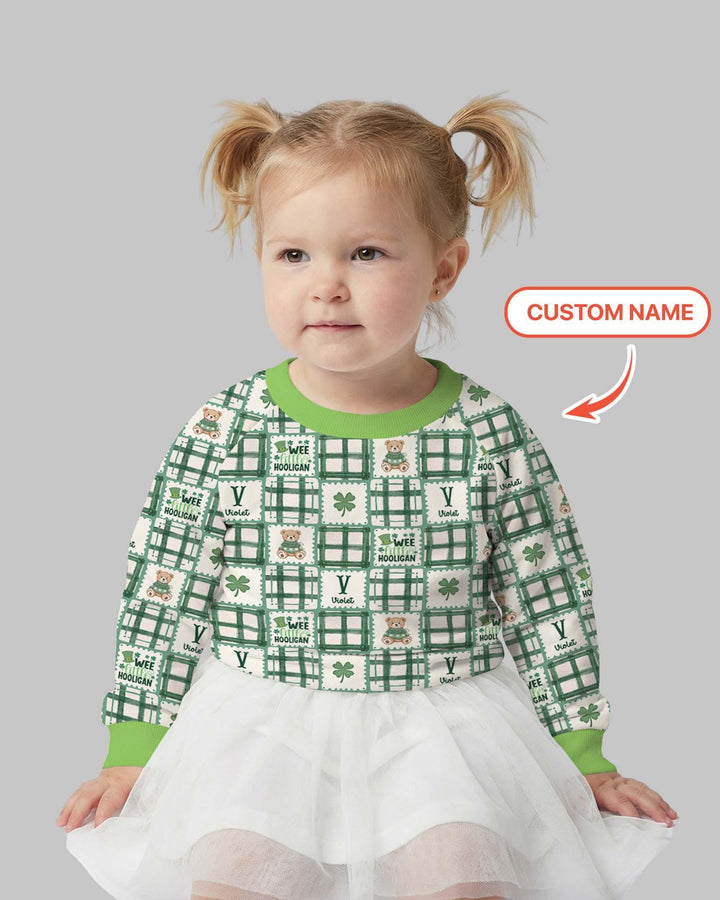 Custom Name Teddy Bear Gingham St. Patrick's Day Bamboo Crewneck Sweatshirt