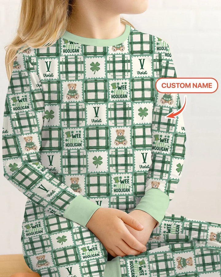 Custom Name Teddy Bear Gingham St. Patrick's Day Bamboo Two Piece Long Sleeve Pajama Set