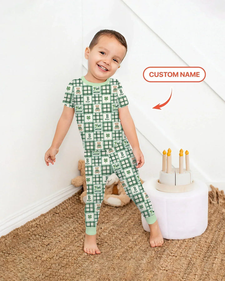 Custom Name Teddy Bear Gingham St. Patrick's Day Bamboo Two Piece Short Sleeve Pajama Set