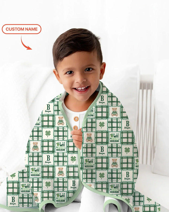 Custom Name Teddy Bear Gingham St. Patrick's Day Bamboo Blanket
