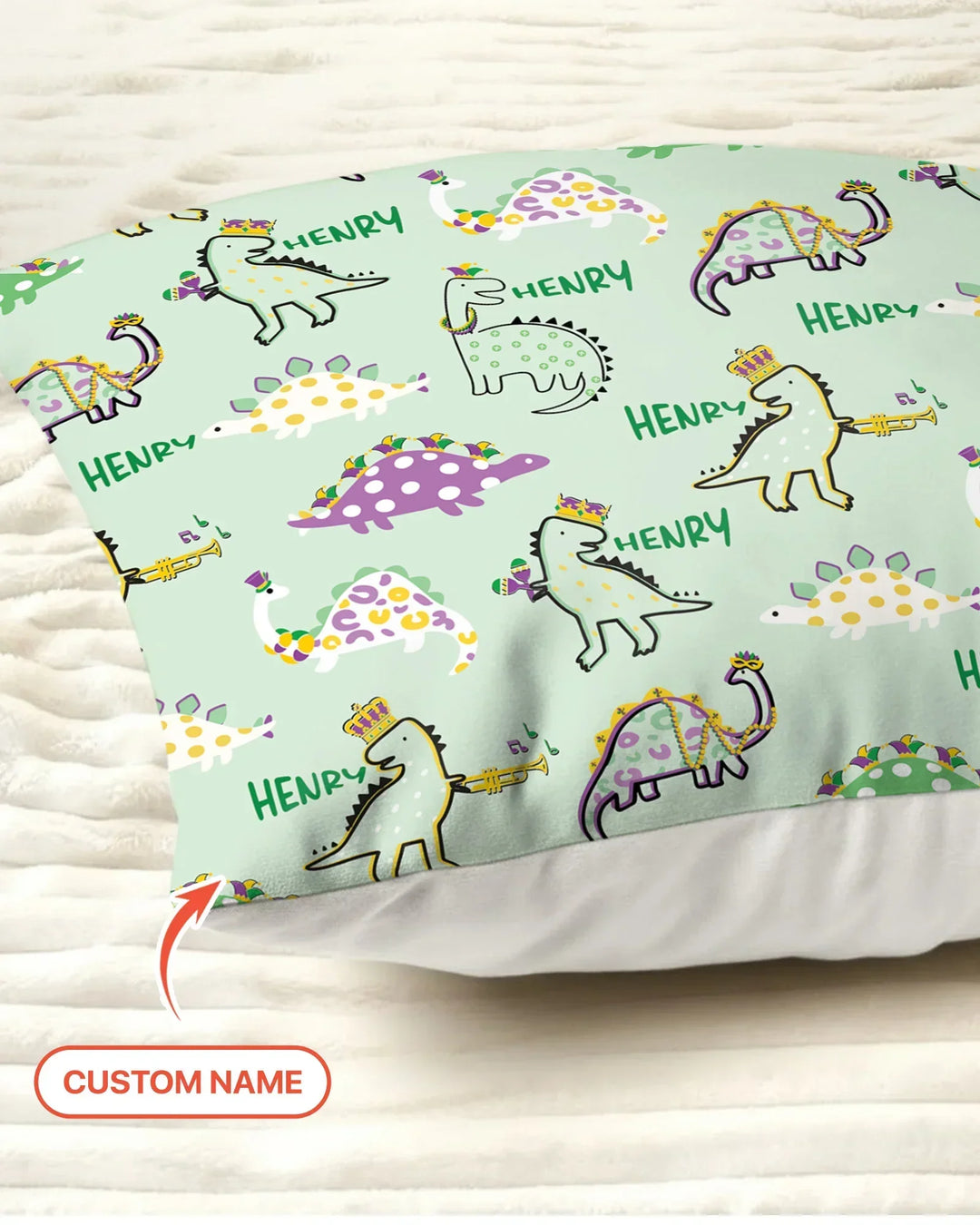 Custom Name Mardi Gras Saurus Bamboo Pillow Case