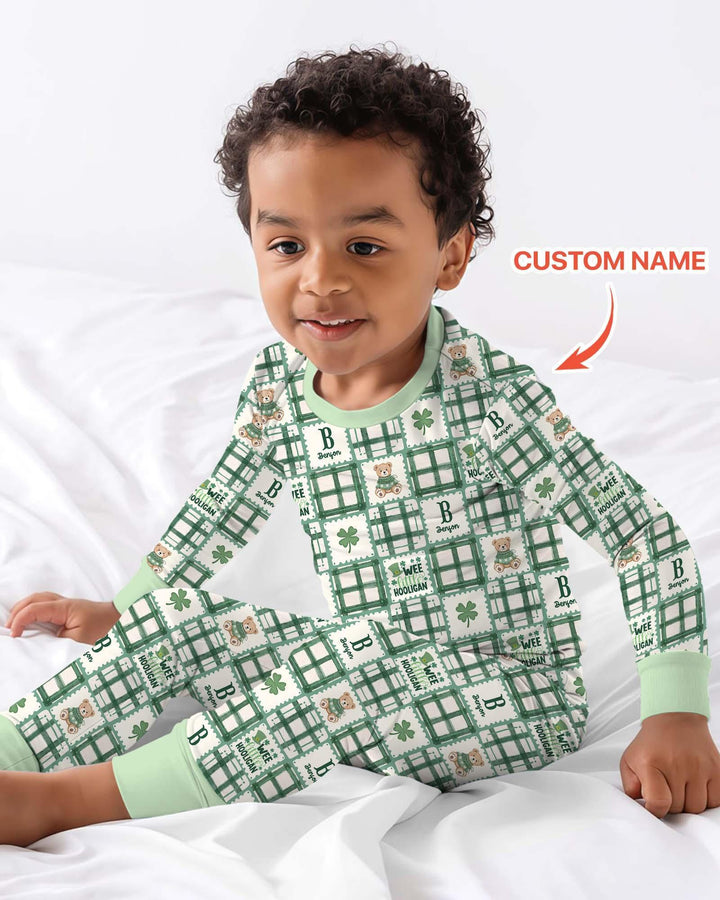 Custom Name Teddy Bear Gingham St. Patrick's Day Bamboo Two Piece Long Sleeve Pajama Set
