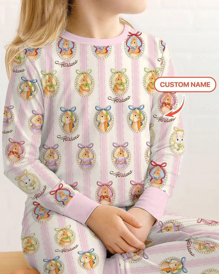 Custom Name Vintage Easter Bunny Bamboo Two Piece Long Sleeve Pajama Set
