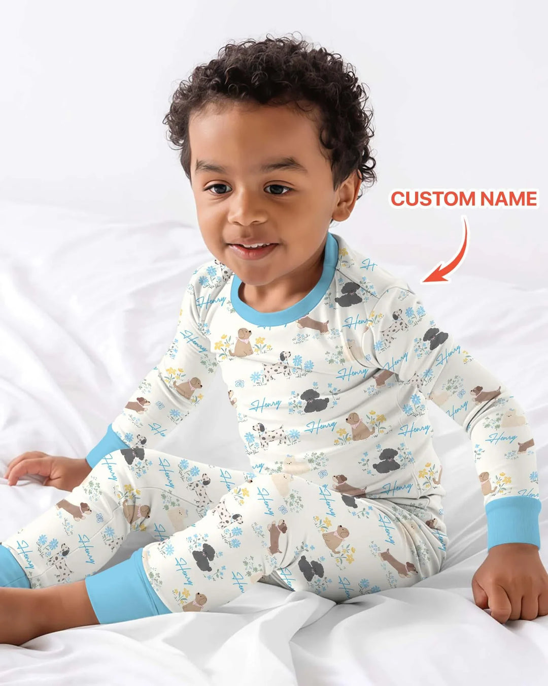 Custom Name Flower Dogs Bamboo Two Piece Long Sleeve Pajama Set