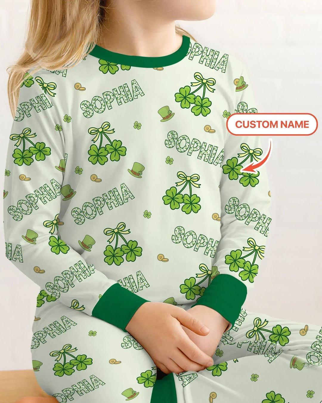 Custom Name Lucky Little Shamrock Bamboo Two Piece Long Sleeve Pajama Set