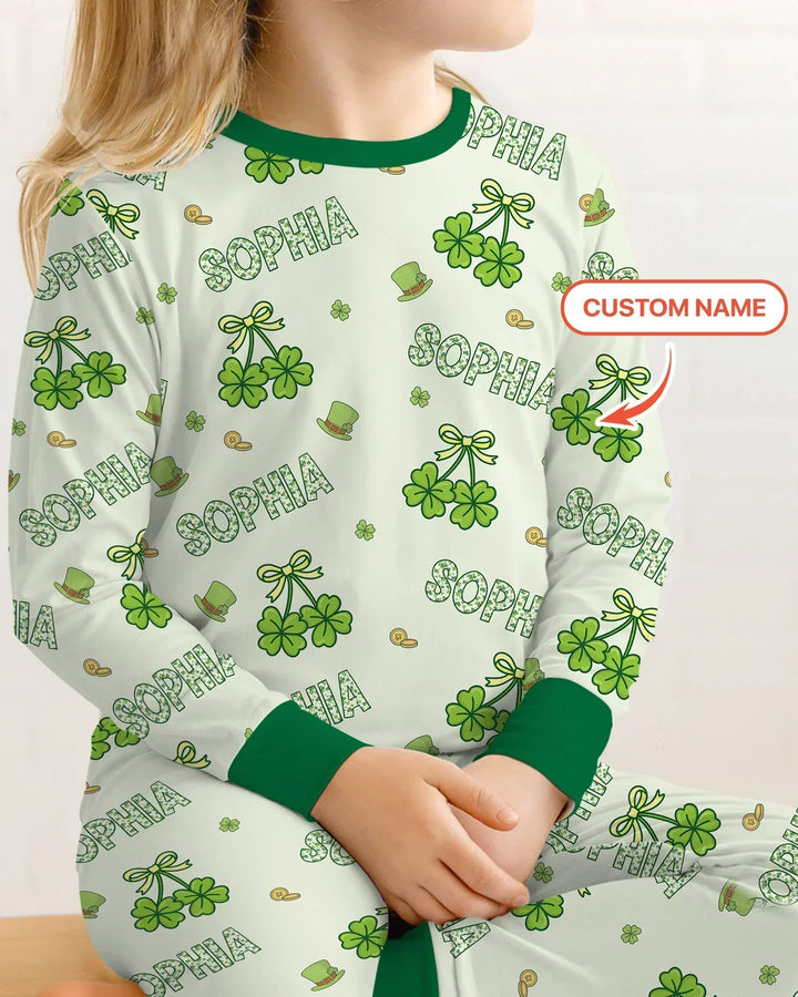 Custom Name Lucky Little Shamrock Bamboo Two Piece Long Sleeve Pajama Set