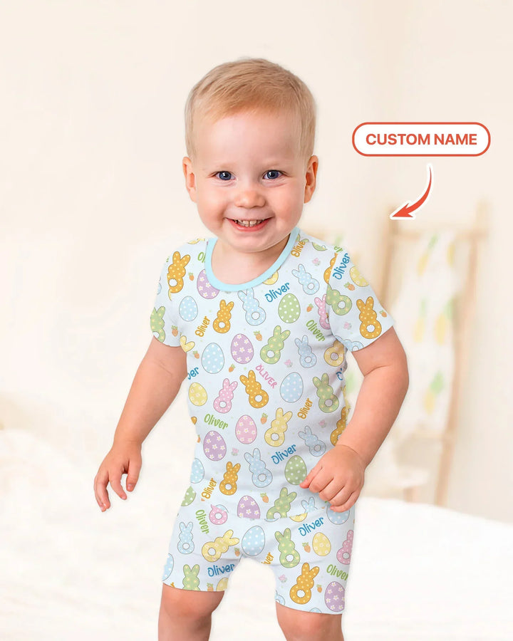 Custom Name Spring Pastel Easter Bamboo Two Piece Short Sleeve Shorts Pajama Set