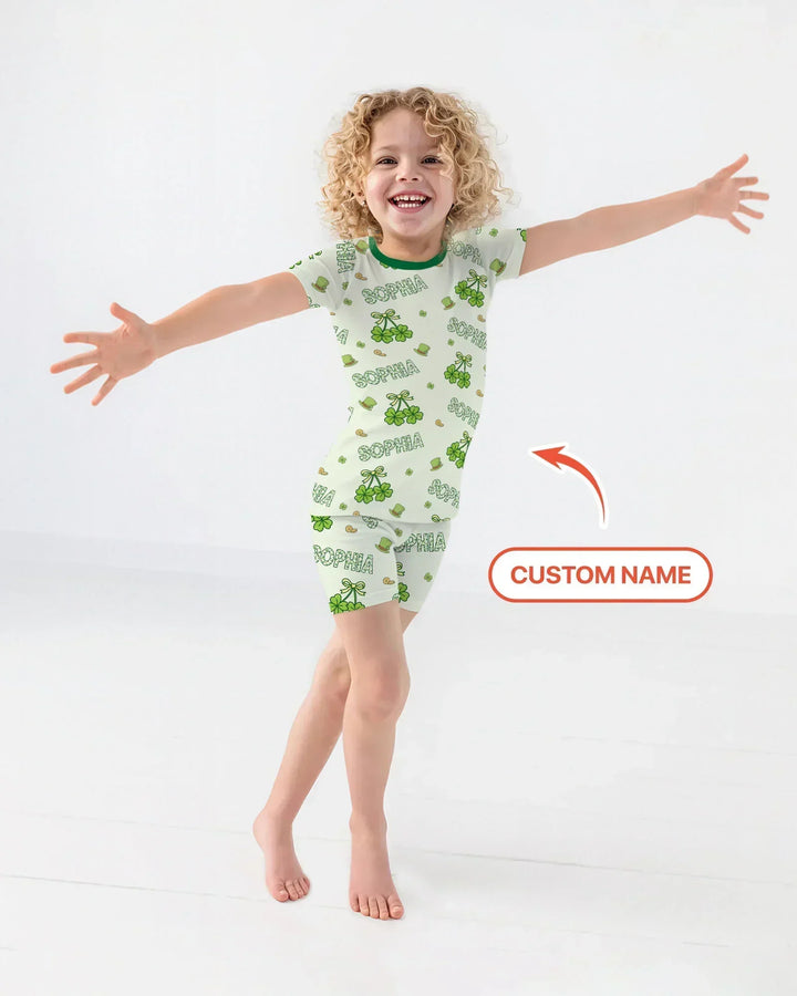 Custom Name Lucky Little Shamrock Bamboo Two Piece Short Sleeve Shorts Pajama Set