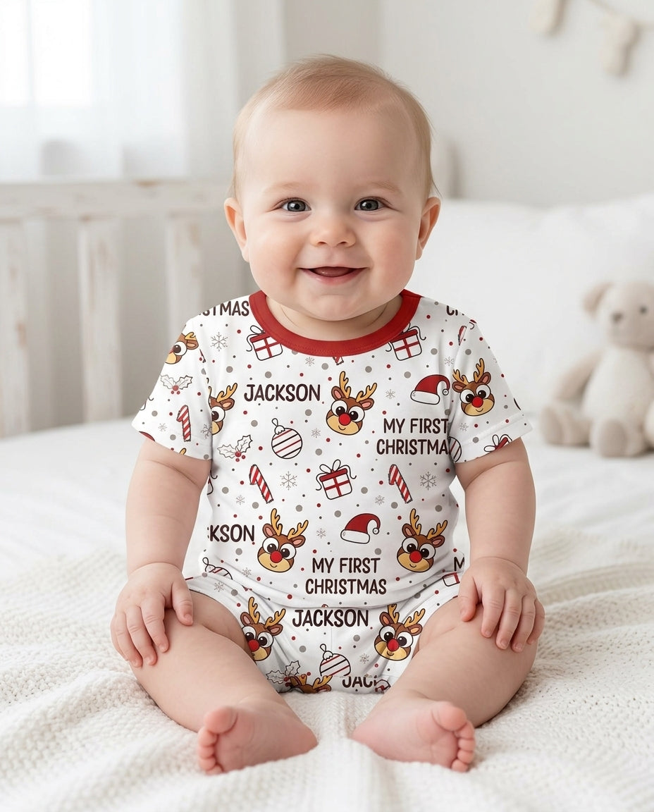 Custom Name Reindeer Doodle My First Christmas Bamboo Two Piece Short Sleeve Shorts Pajama Set
