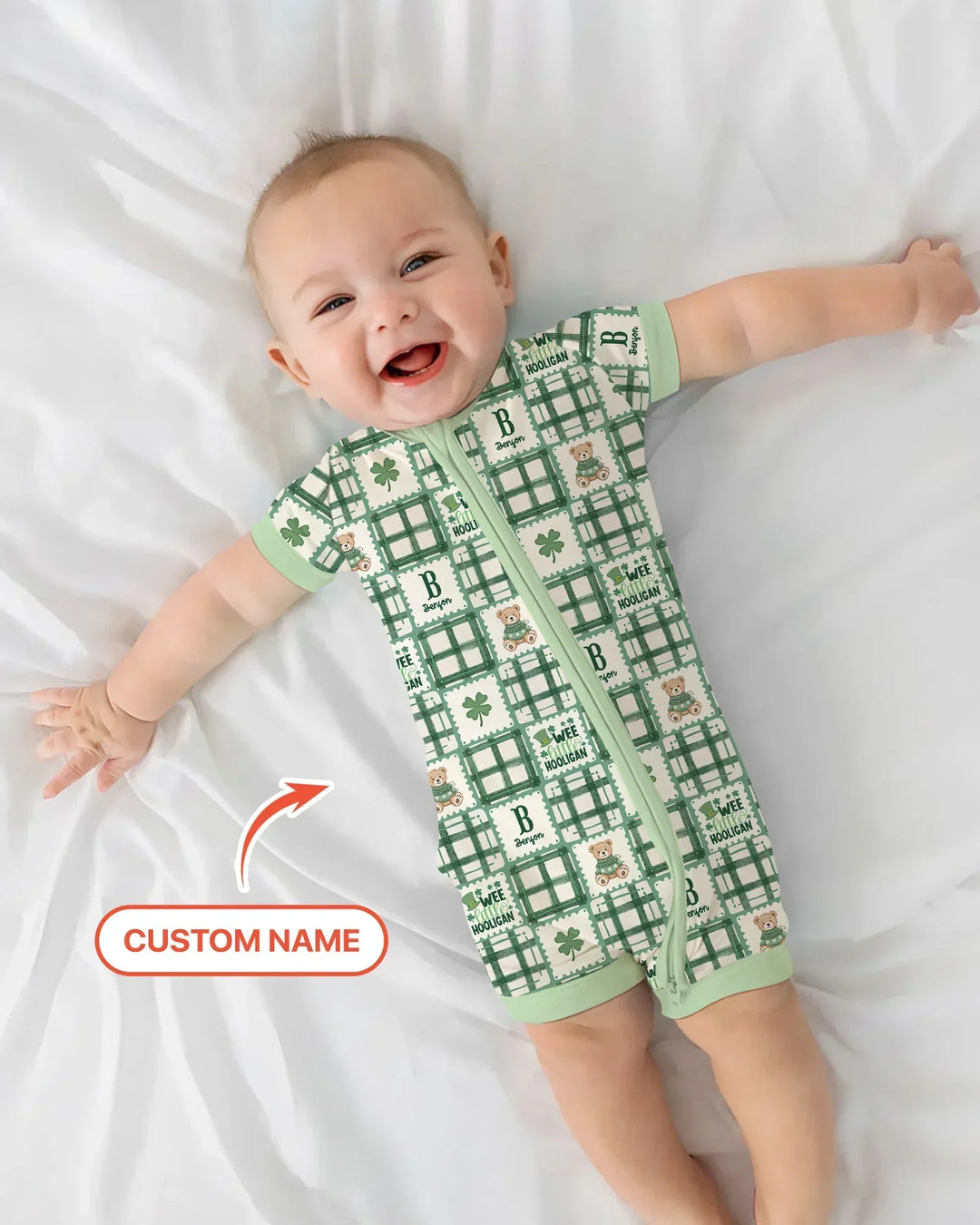 Custom Name Teddy Bear Gingham St. Patrick's Day Bamboo Shorty Zippy