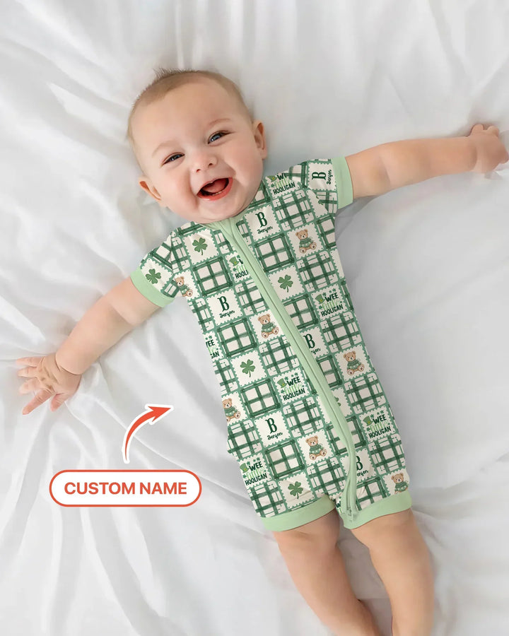 Custom Name Teddy Bear Gingham St. Patrick's Day Bamboo Shorty Zippy