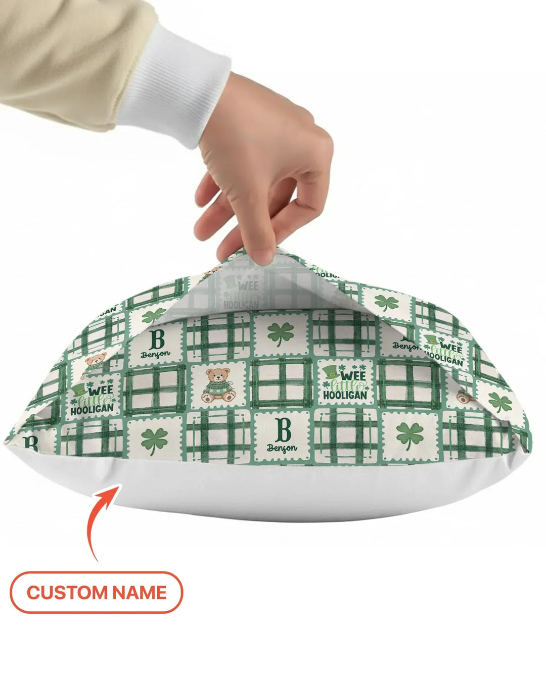 Custom Name Teddy Bear Gingham St. Patrick's Day Bamboo Pillow Case