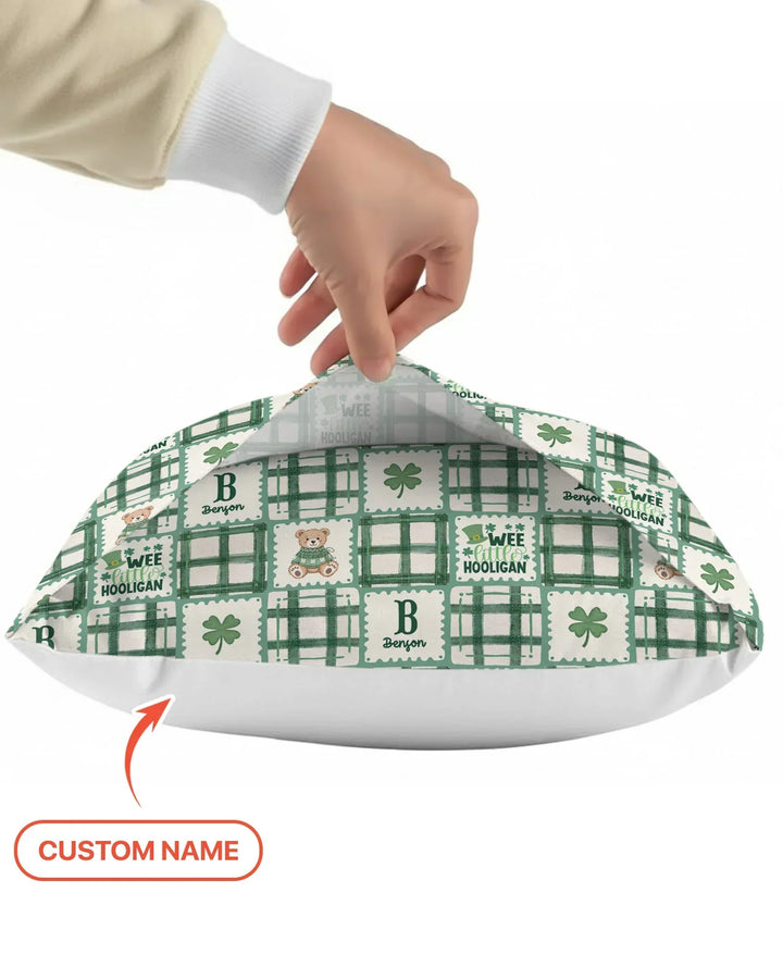 Custom Name Teddy Bear Gingham St. Patrick's Day Bamboo Pillow Case