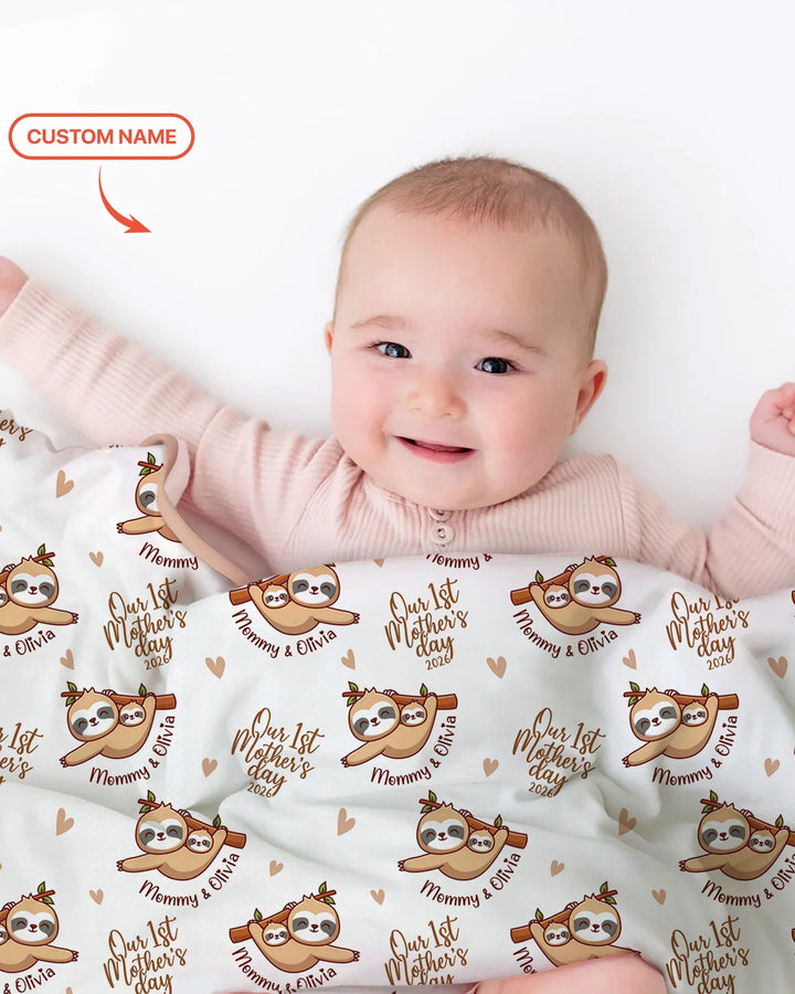 Custom Name Mama & Baby Sloth – Our First Mother’s Day 2026 Bamboo Blanket