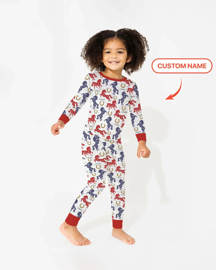 Custom Name Chinoiserie Horses Bamboo Two Piece Long Sleeve Pajama Set