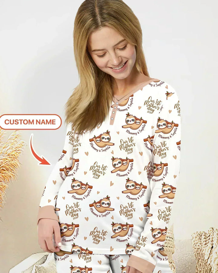 Custom Name Mama & Baby Sloth – Our First Mother’s Day 2026 Bamboo Women Pajama Set