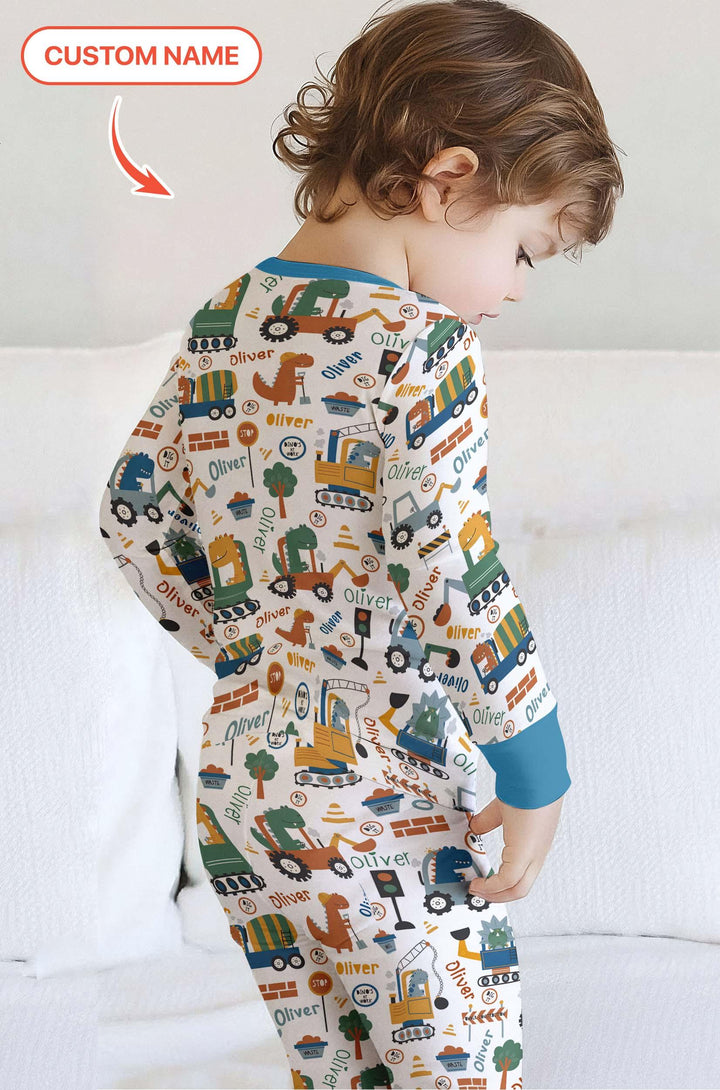 Custom Name Dino Diggers Bamboo Two Piece Short Sleeve Pajama Set