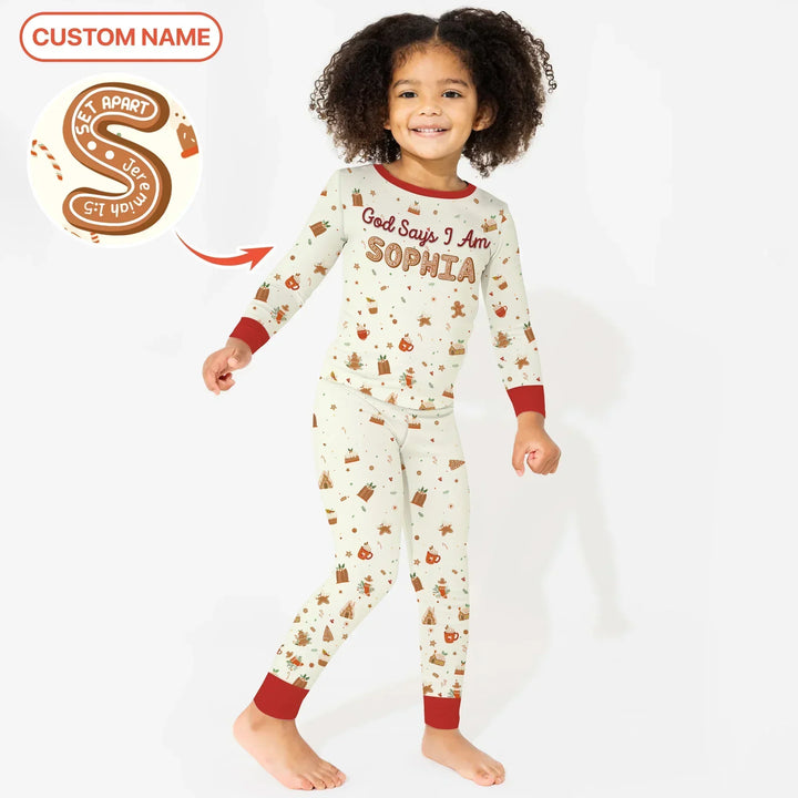 GingerBread God Says I Am Custom Name Two Piece Long Sleeve Pajama Set , GingerBread God Says I Am Custom Name Two Piece Long Sleeve Pajama Set - 12-18M