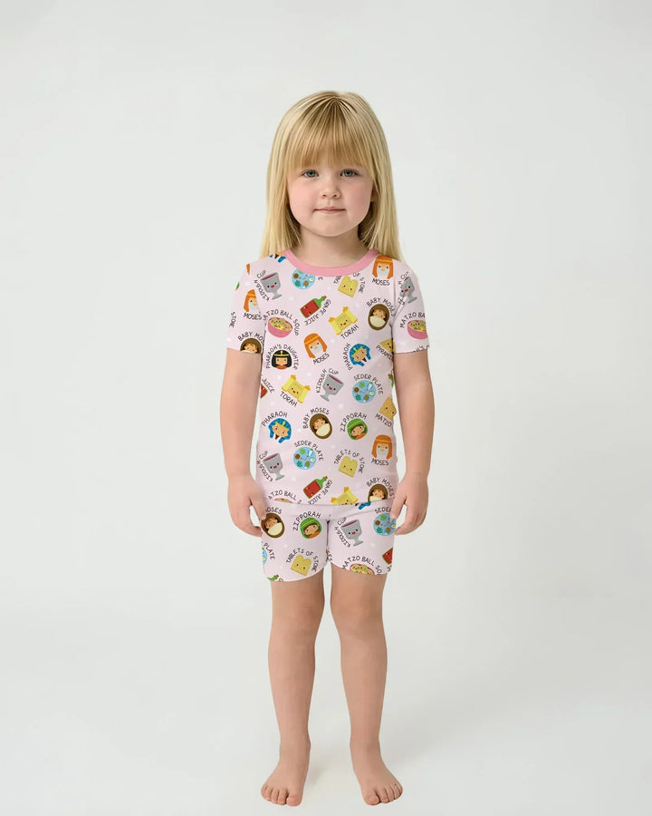 Cute Passover Characters Bamboo Two Piece Short Sleeve Shorts Pajama Set