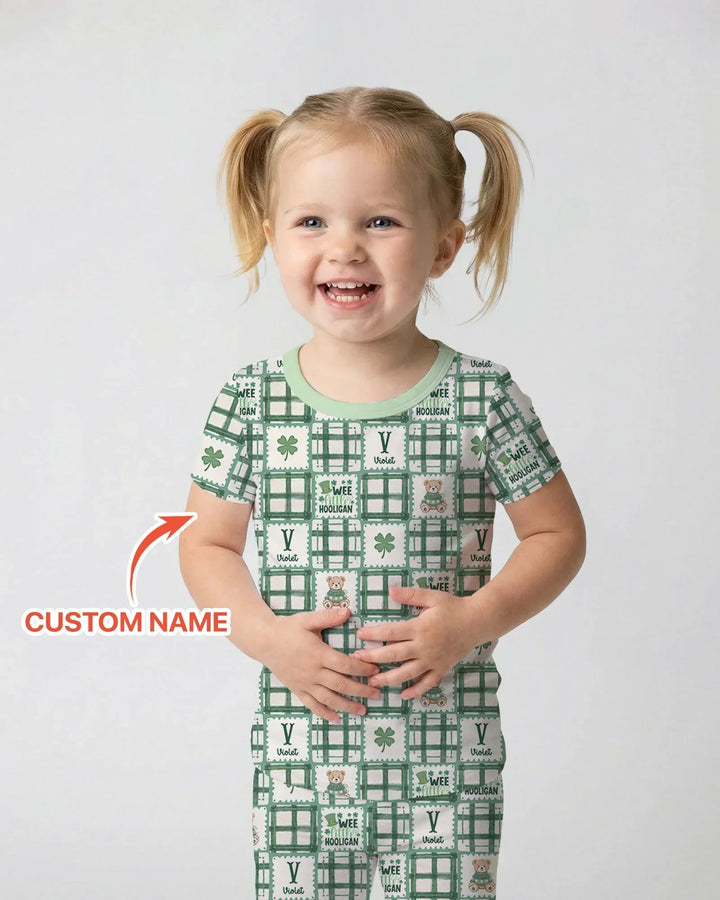 Custom Name Teddy Bear Gingham St. Patrick's Day Bamboo Two Piece Short Sleeve Pajama Set