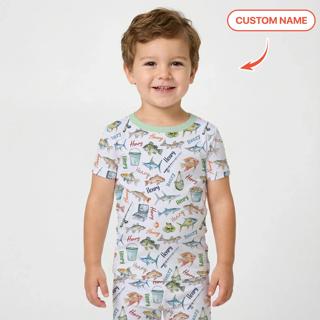 Happy Fishing Adventure Custom Name Bamboo Two Piece Short Sleeve Pajama Set