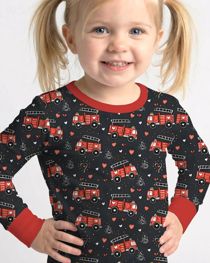 Valentine Fire Trucks Bamboo Two Piece Long Sleeve Pajama Set