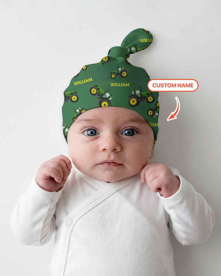Custom Name Green Tractors Matching Daddy & Me Bamboo Knotted Hat