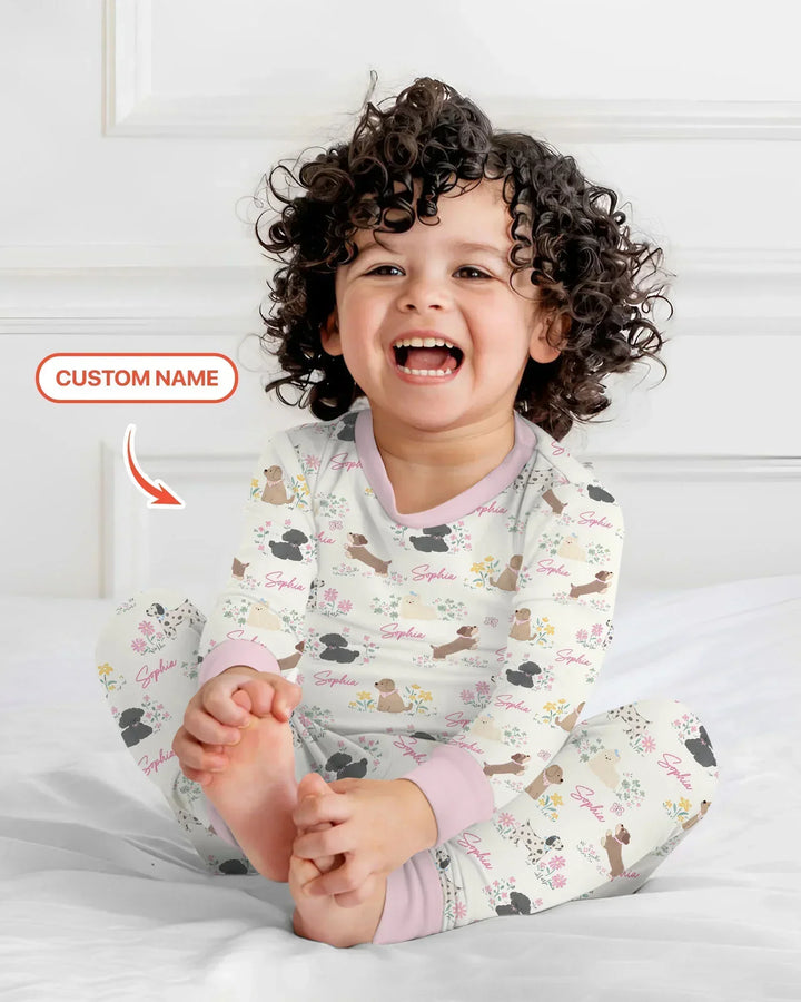 Custom Name Flower Dogs Bamboo Two Piece Long Sleeve Pajama Set