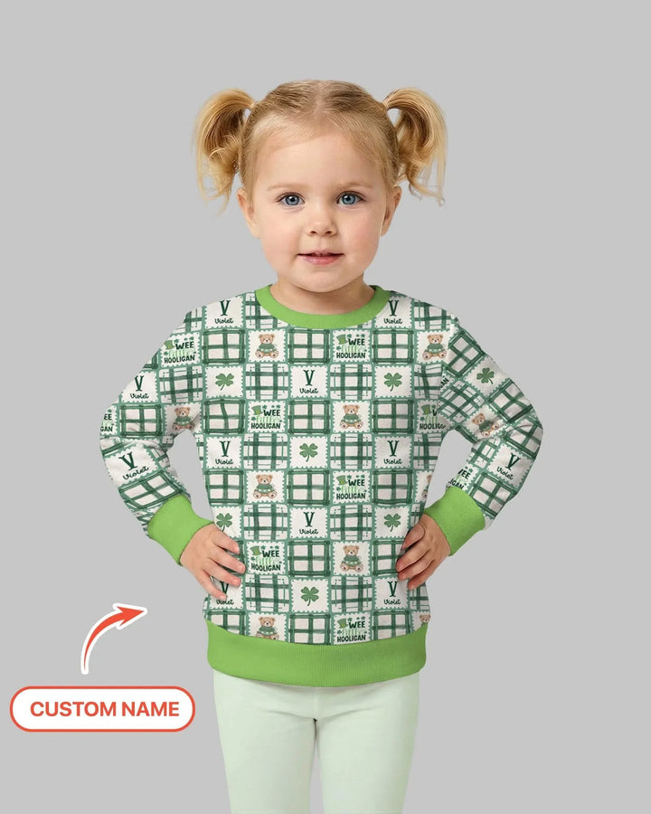 Custom Name Teddy Bear Gingham St. Patrick's Day Bamboo Crewneck Sweatshirt