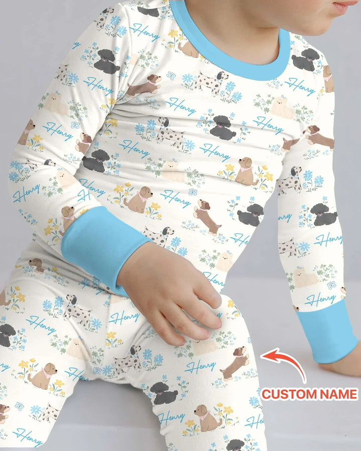 Custom Name Flower Dogs Bamboo Two Piece Long Sleeve Pajama Set