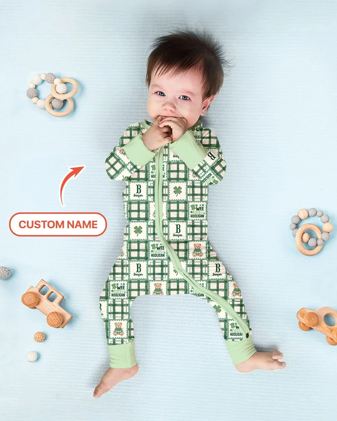 Custom Name Teddy Bear Gingham St. Patrick's Day Bamboo Convertible Zippy