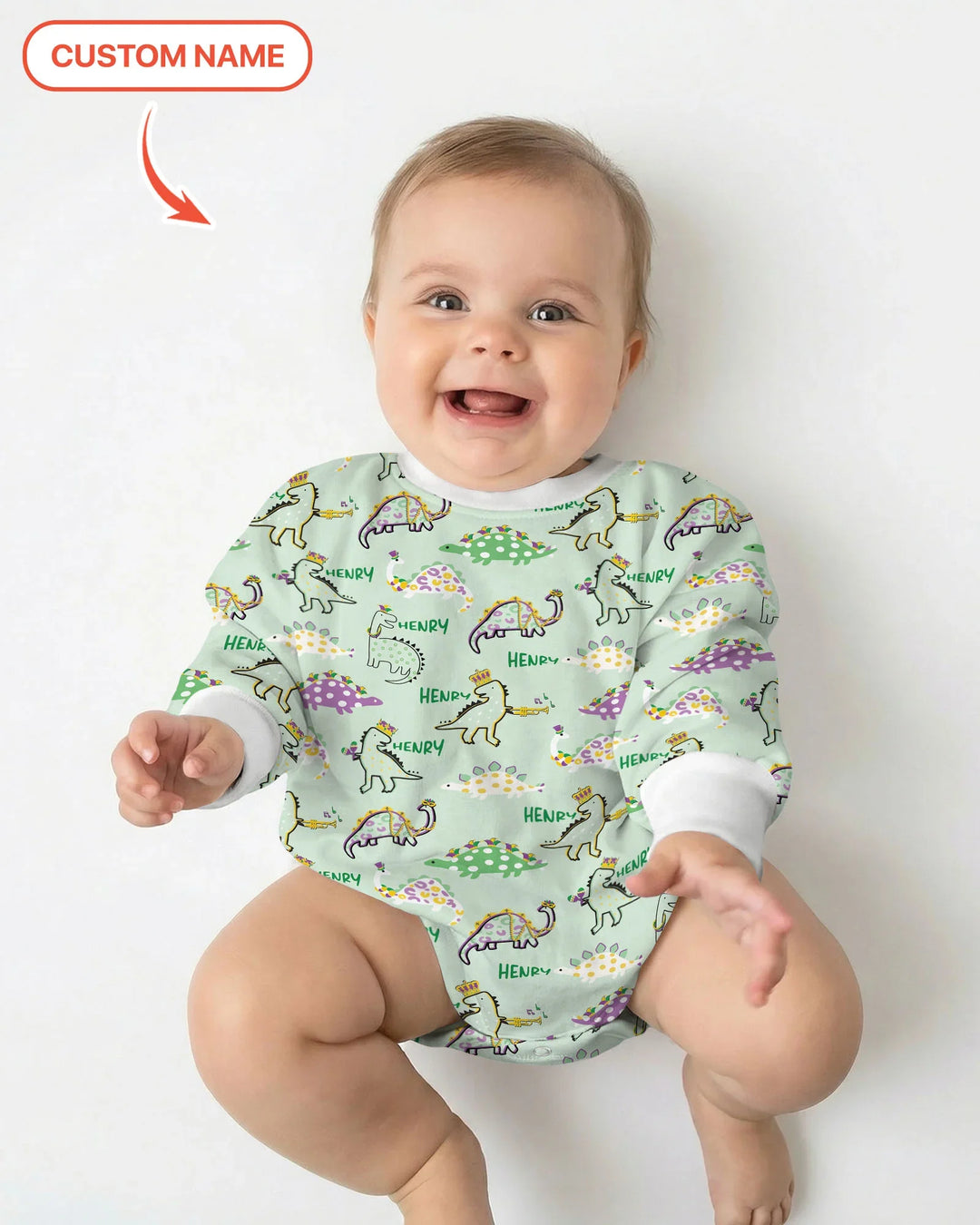 Custom Name Mardi Gras Saurus Bamboo Bubble Romper
