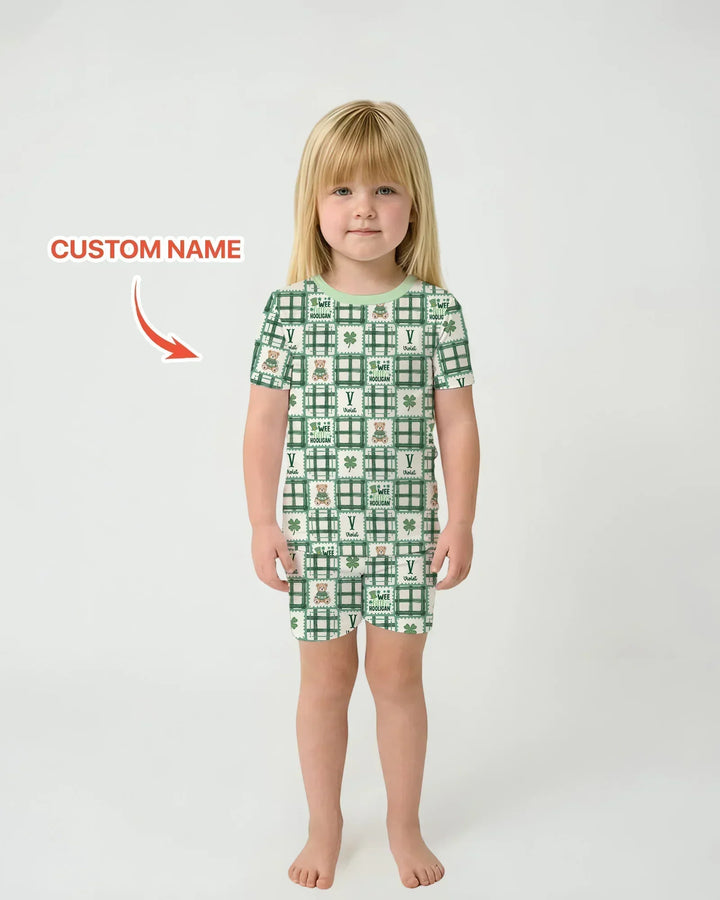 Custom Name Teddy Bear Gingham St. Patrick's Day Bamboo Two Piece Short Sleeve Shorts Pajama Set