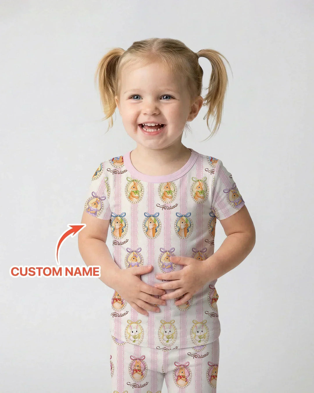 Custom Name Vintage Easter Bunny Bamboo Two Piece Short Sleeve Pajama Set